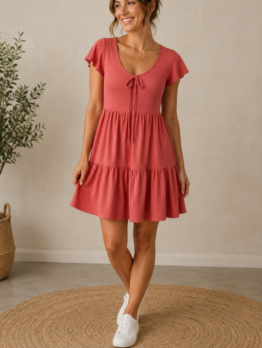 Coral Tie-Front Tiered Mini Dress